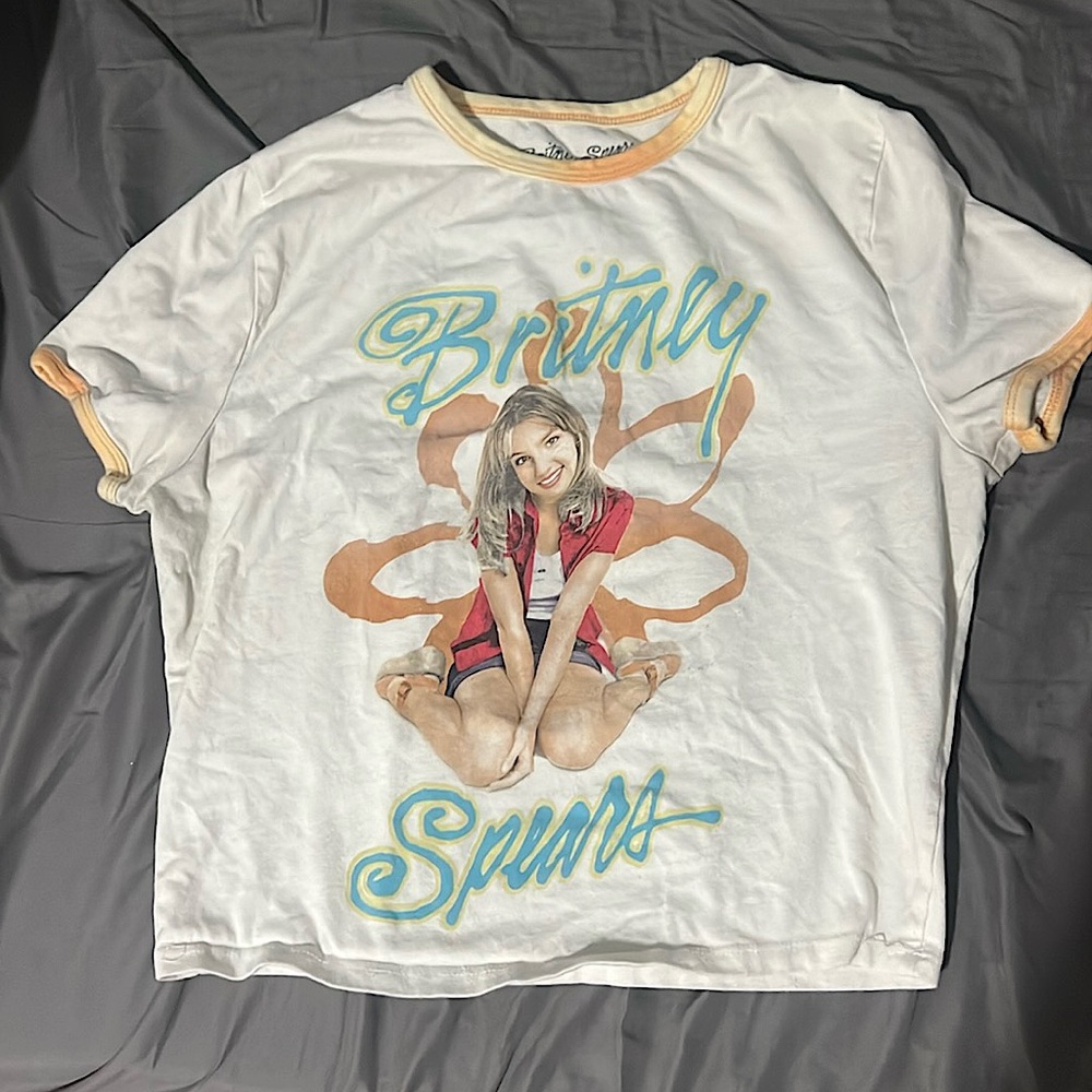 Britney Spears shirt, Large, mainly white with color details.